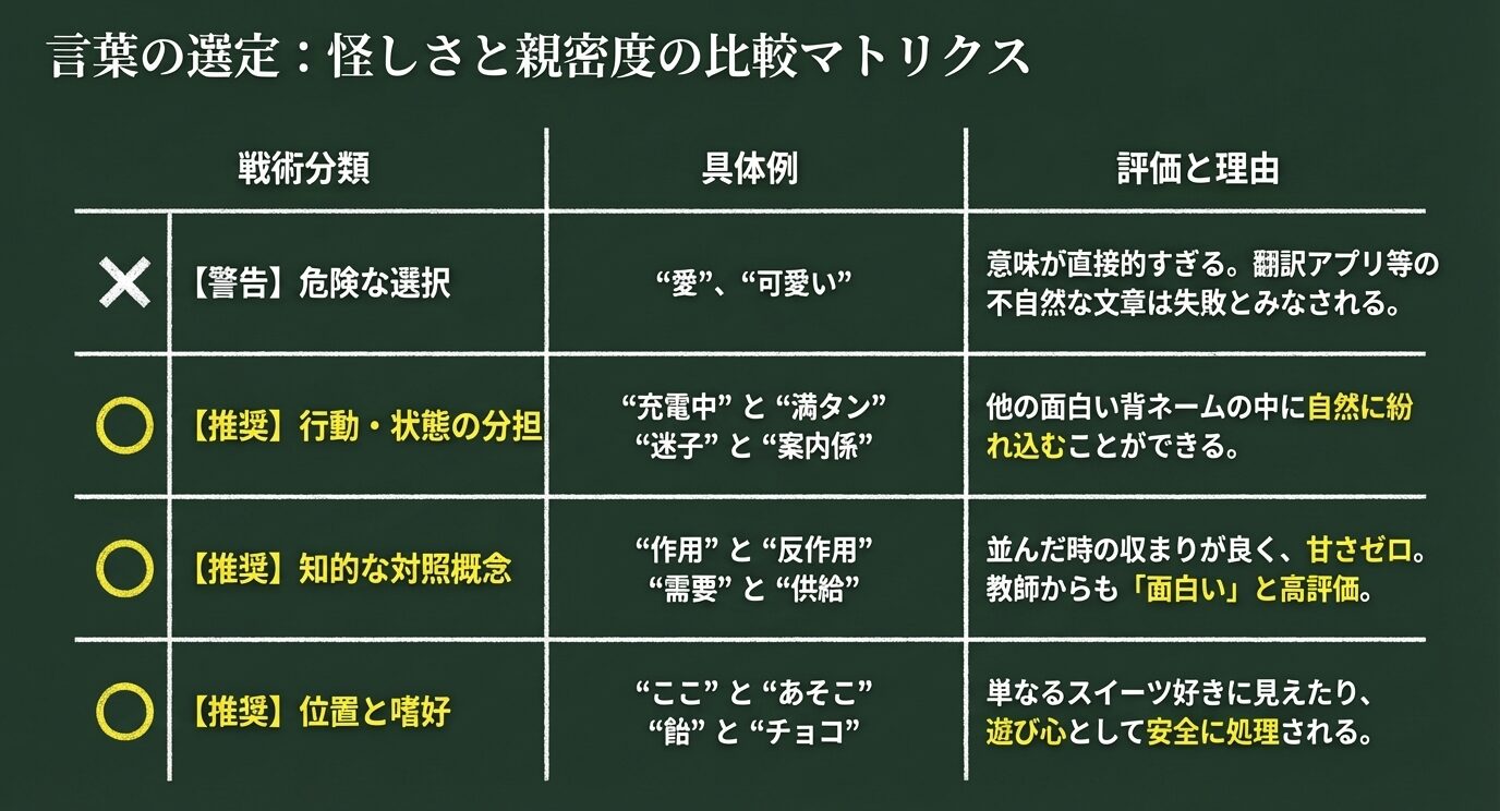 危険な選択(愛・可愛い)と、推奨される選択(充電中と満タン、需要と供給など)を比較した表 。推奨例は「甘さゼロ」で周囲に紛れ込みやすいと評価されている 。