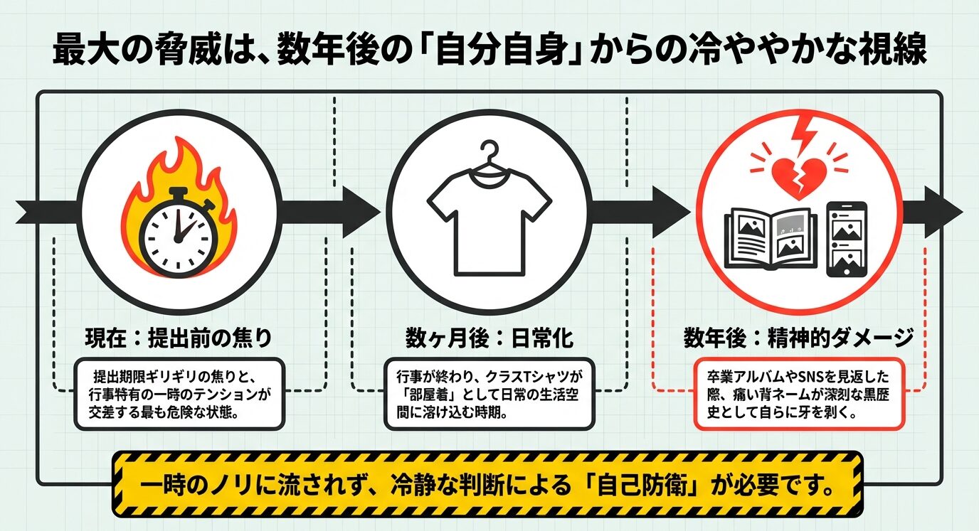 提出前の焦りから行事後の日常化を経て、数年後にSNSやアルバムを見返した際に「黒歴史」として精神的ダメージを受ける過程を示した図解。