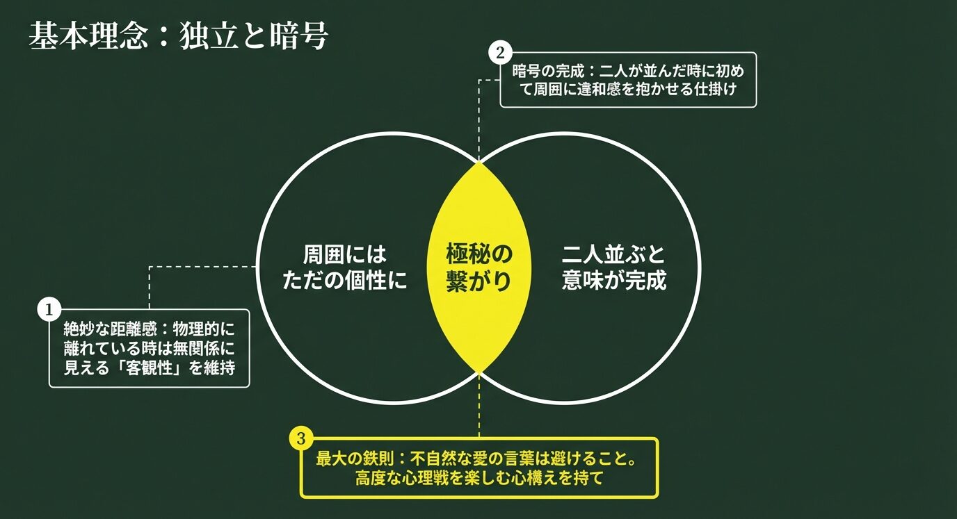 「周囲にはただの個性に（客観性）」と「二人並ぶと意味が完成（暗号）」が重なり、中心に「極秘の繋がり」が生まれることを示すベン図 。不自然な愛の言葉を避ける鉄則も記載されている 。