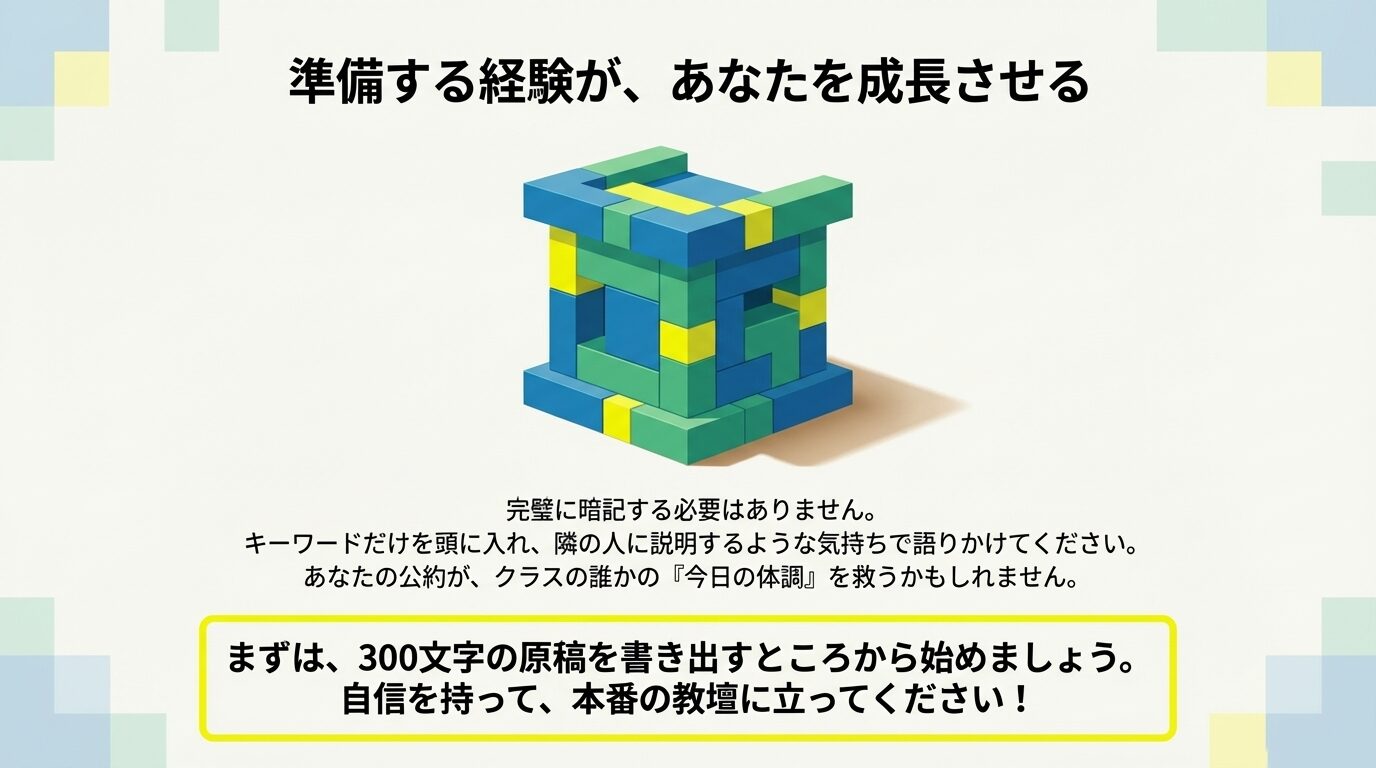 組み上がったカラフルなブロックのイラストと共に、「準備する経験があなたを成長させる」というメッセージを記した結びのスライド。