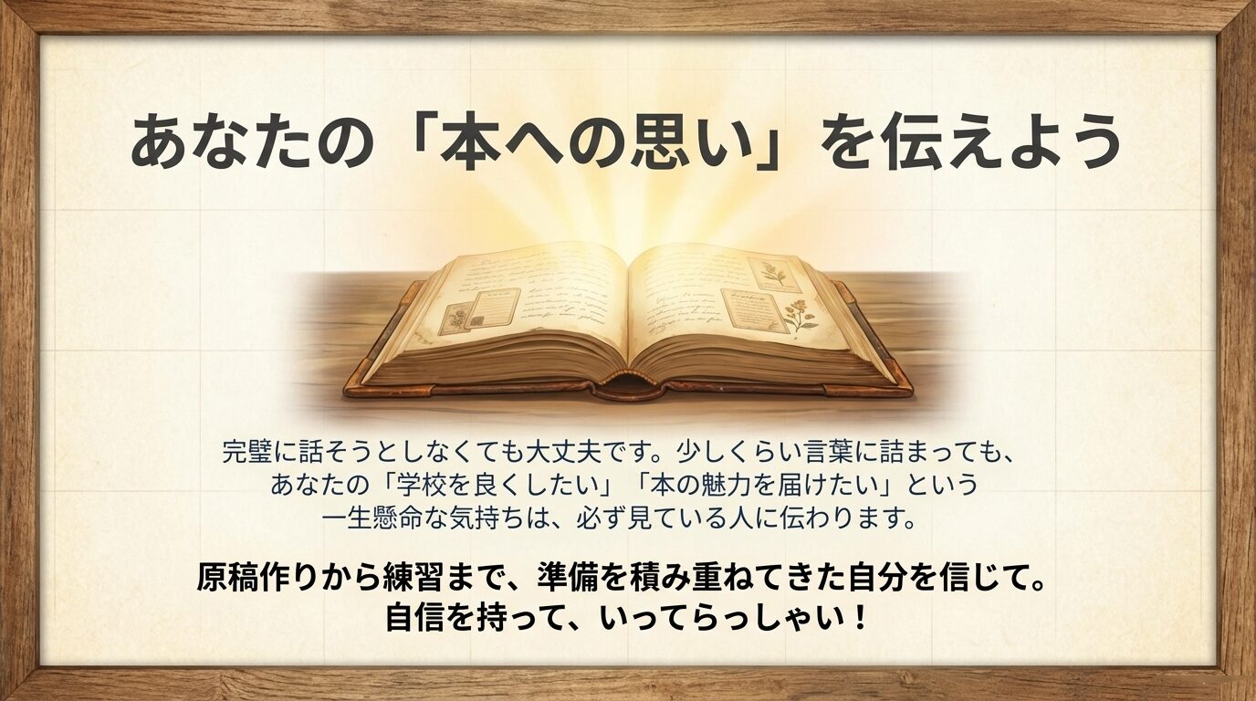 完璧を目指さず、本への一生懸命な気持ちを届けることが大切であると、立候補者を応援するメッセージが書かれたスライド画像。