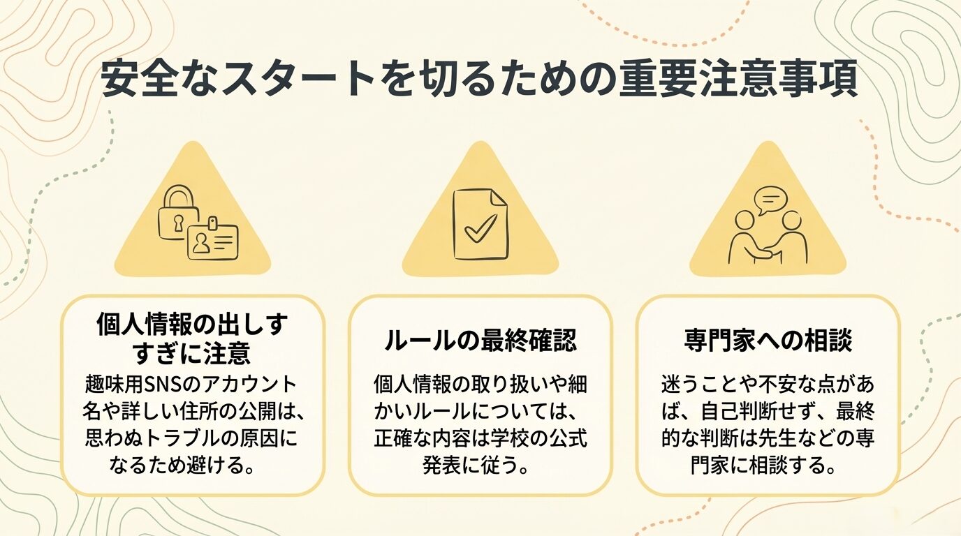 注意事項のまとめ。個人情報の出しすぎ注意、ルールの最終確認、迷ったら先生などの専門家に相談することを記載。