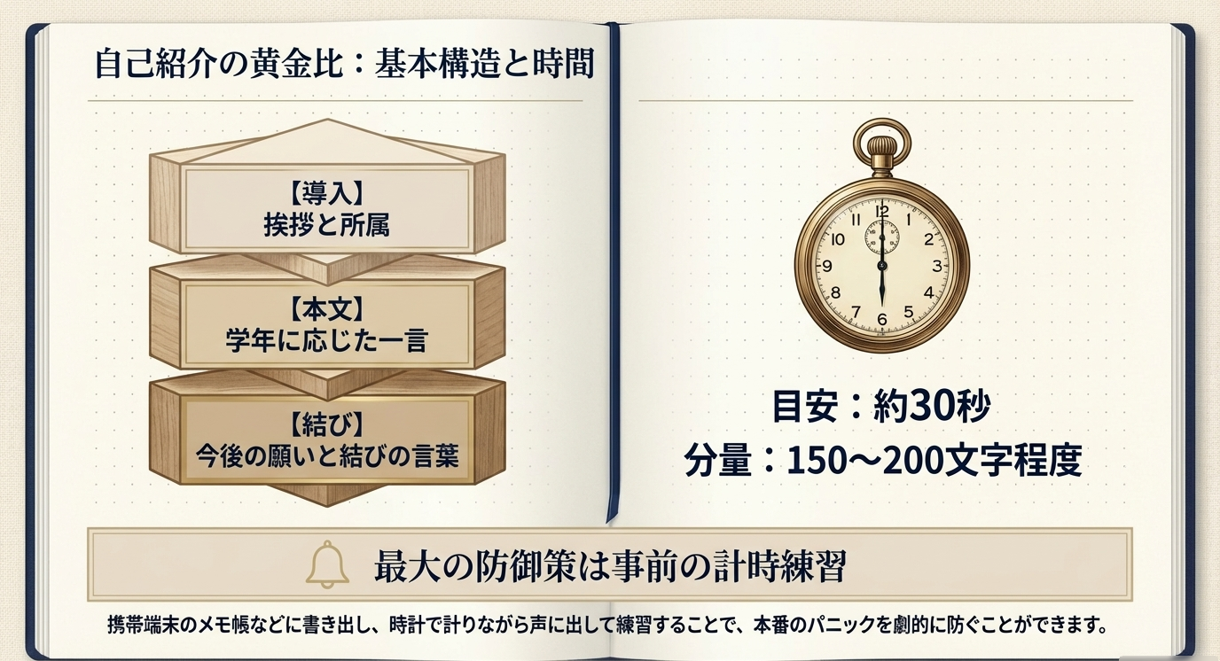 自己紹介を「導入（挨拶と所属）」「本文（学年に応じた一言）」「結び（今後の願いと結び）」の3段構成で示す図。目安は約30秒、150〜200文字程度と補足されている