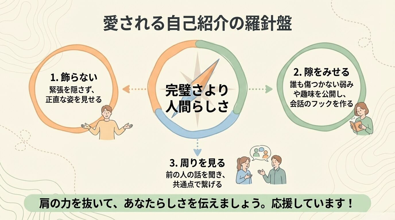 1.飾らない、2.隙をみせる、3.周りを見る、という自己紹介の3箇条と、あなたらしさを応援するメッセージ。