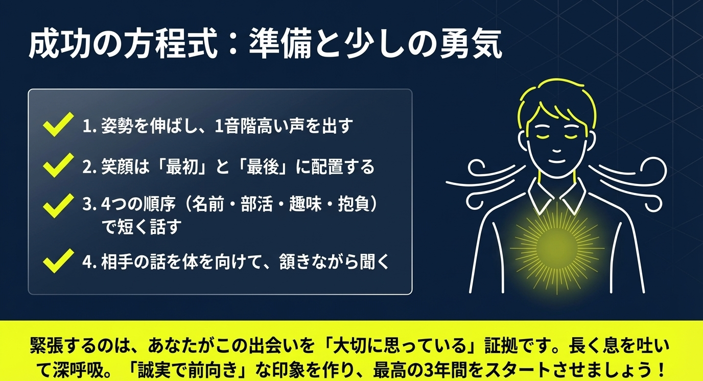 姿勢・声、笑顔の配置、4つの順序、聞く姿勢の4項目をまとめた最終チェックリスト。目をつむって深呼吸する生徒のイラスト。