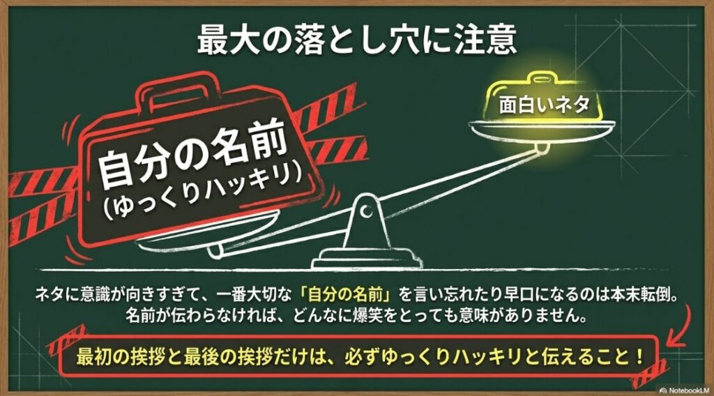 面白いネタに意識が向きすぎて一番大切な自分の名前を言い忘れる落とし穴に注意を促す図解