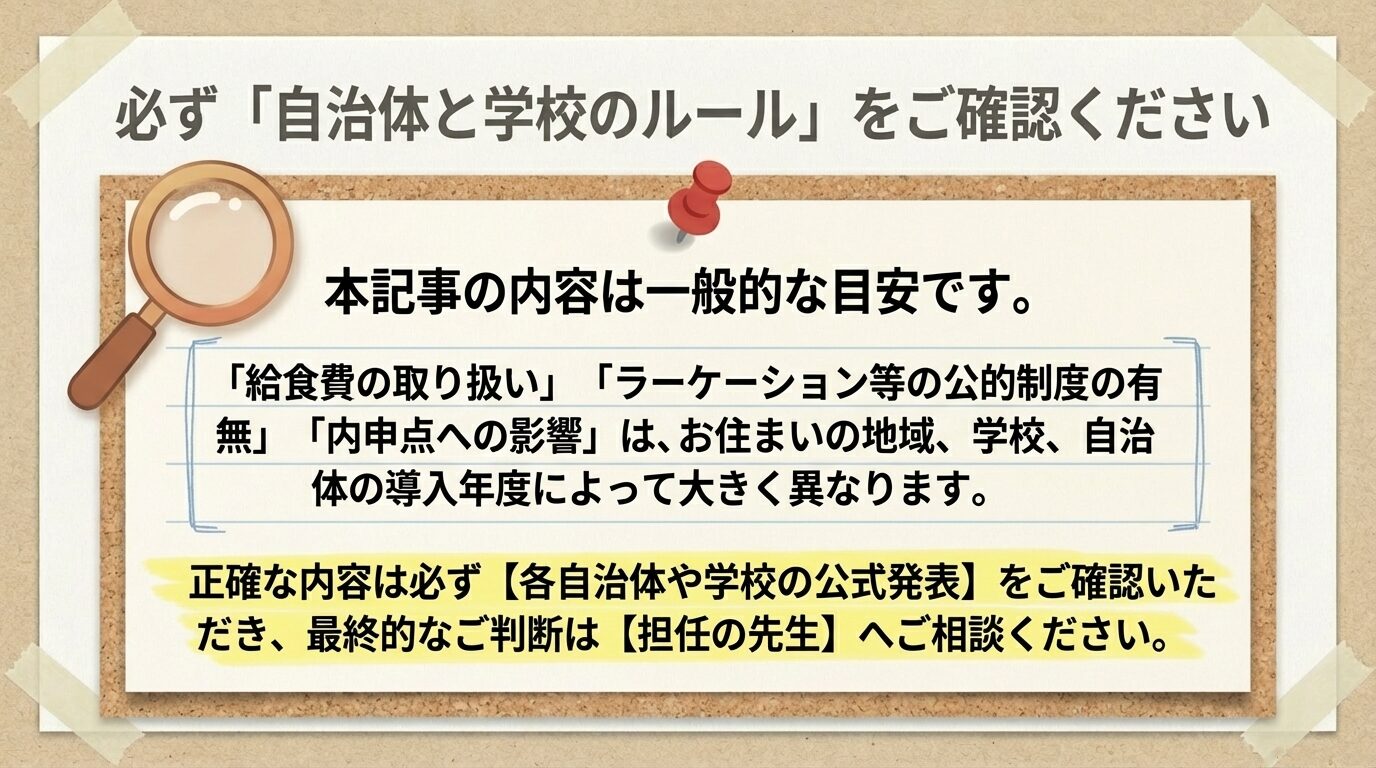 給食費の取り扱い、ラーケーションの有無、内申点への影響は自治体や学校により異なるため、公式発表を確認し担任へ相談することを推奨する注意書き。