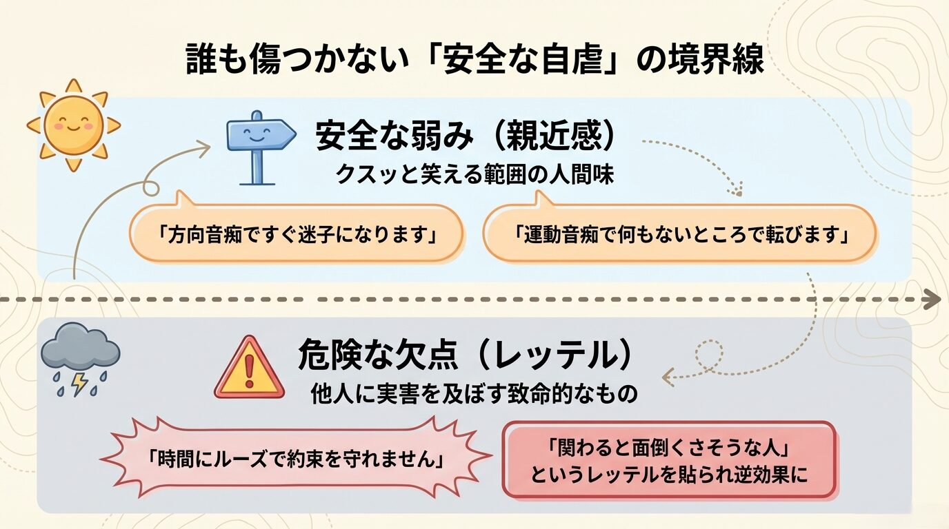 安全な弱み（方向音痴など）と危険な欠点（時間にルーズなど）の比較図。他人に実害を及ぼさない範囲の人間味を見せることを推奨。