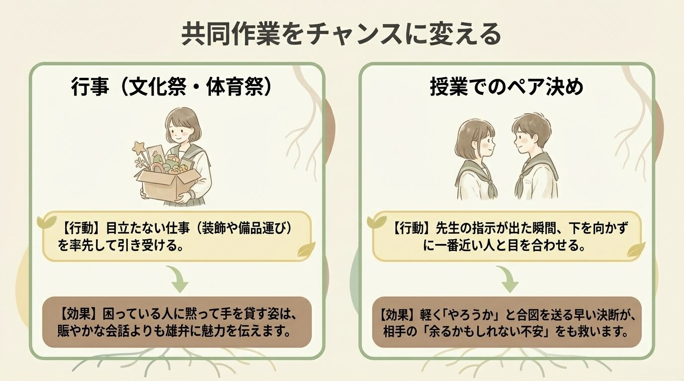 荷物を持つ生徒と見つめ合うペアのイラスト。目立たない仕事を率先して引き受ける、ペア決めの瞬間に近くの人と目を合わせるなどの具体的行動