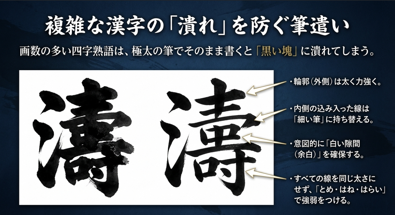 輪郭を太くし内側を細くする工夫や、余白の確保、強弱の付け方など、画数の多い文字をきれいに描くテクニックの解説画像。