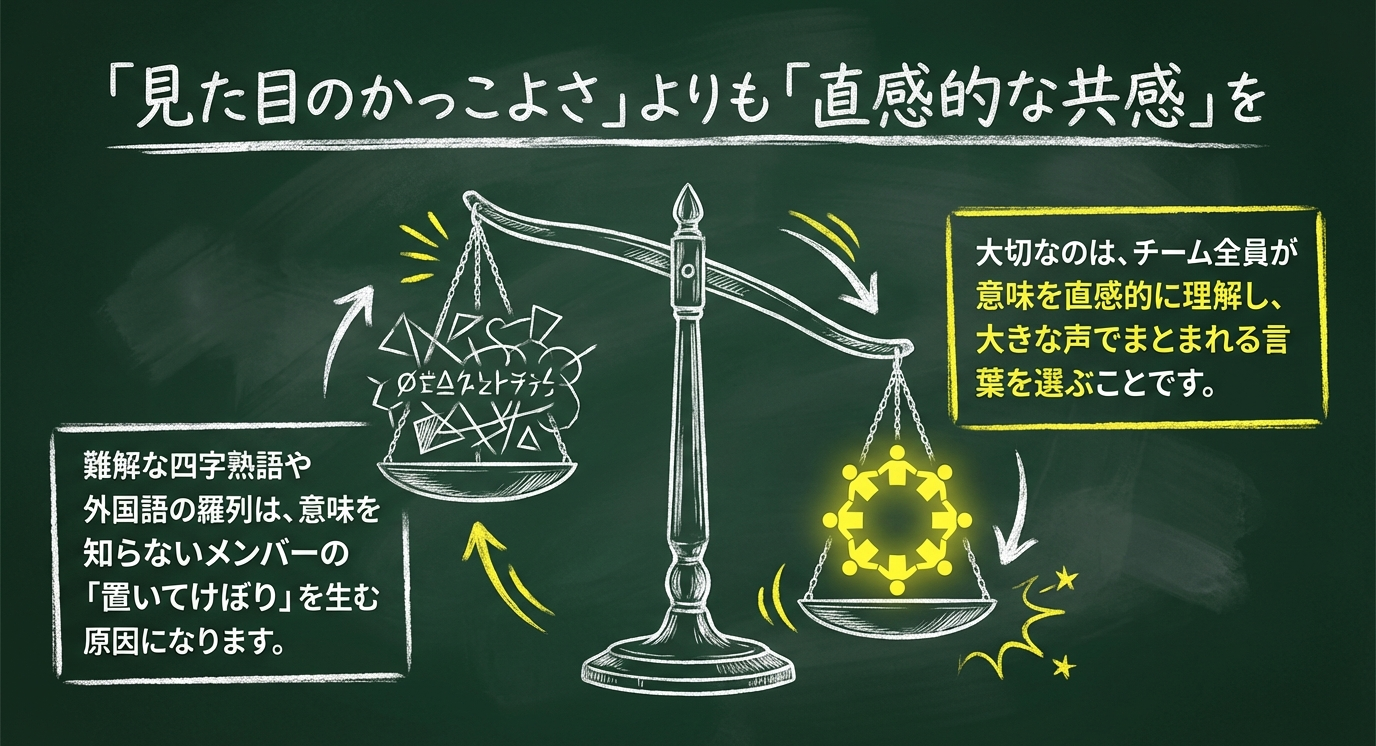 難解な言葉がメンバーの「置いてけぼり」を生むリスクと、全員が直感的に理解できる言葉選びの重要性を示す図