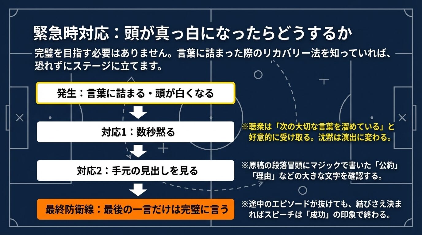 言葉に詰まった際、数秒黙る、手元の見出しを見る、そして「最後の一言だけは完璧に言う」という最終防衛線までのリカバリー法を解説。