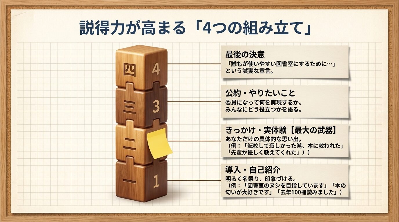 1.導入・自己紹介、2.きっかけ・実体験、3.公約・やりたいこと、4.最後の決意という、スピーチの推奨される構成順序を解説したスライド画像。