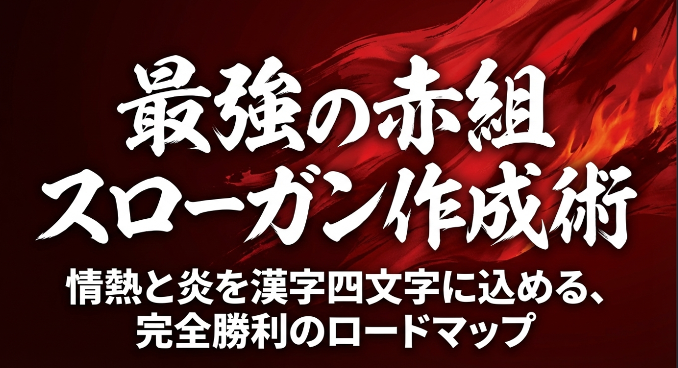 「最強の赤組 スローガン作成術」という筆文字のタイトルと、背景に燃え上がる赤い炎が描かれたスライド。
