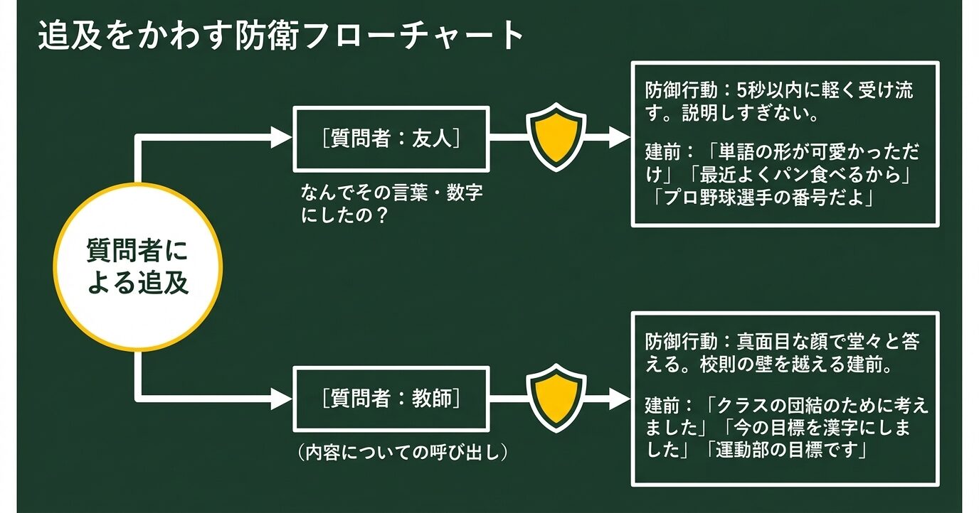 友人や教師からの追求に対する防衛フロー 。友人には5秒以内に軽く受け流し、教師には「クラスの団結のため」など真面目な建前で堂々と答える手順が示されている 。