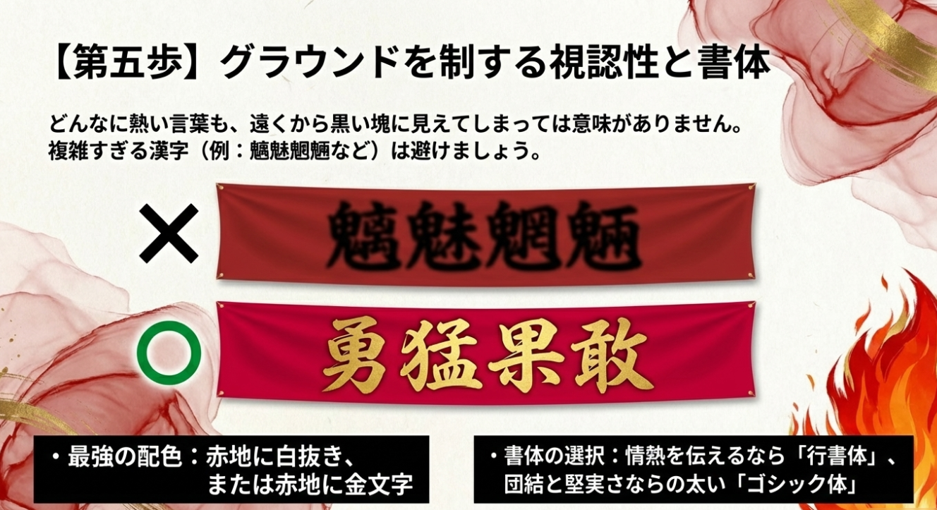 複雑すぎる漢字を避ける例や、赤地に白抜き・金文字といった最強の配色、行書体やゴシック体の使い分けを解説したスライド。
