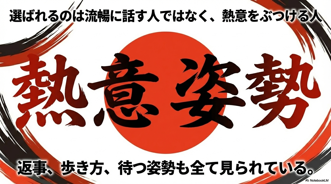 流暢さよりも熱意が重要であり、返事・歩き方・待つ姿勢も全て見られていることを説明するスライド。