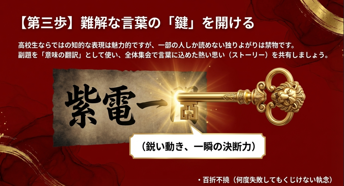 「紫電一閃」や「百折不撓」などの難解な言葉を、サブタイトルで意味を翻訳して共有することを推奨するスライド。