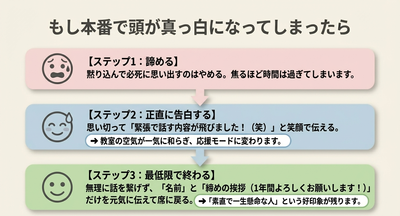 頭が真っ白になった時の対処法。1.諦める、2.「内容が飛びました」と正直に告白する、3.名前と挨拶の最低限で終わる、の3ステップ 。