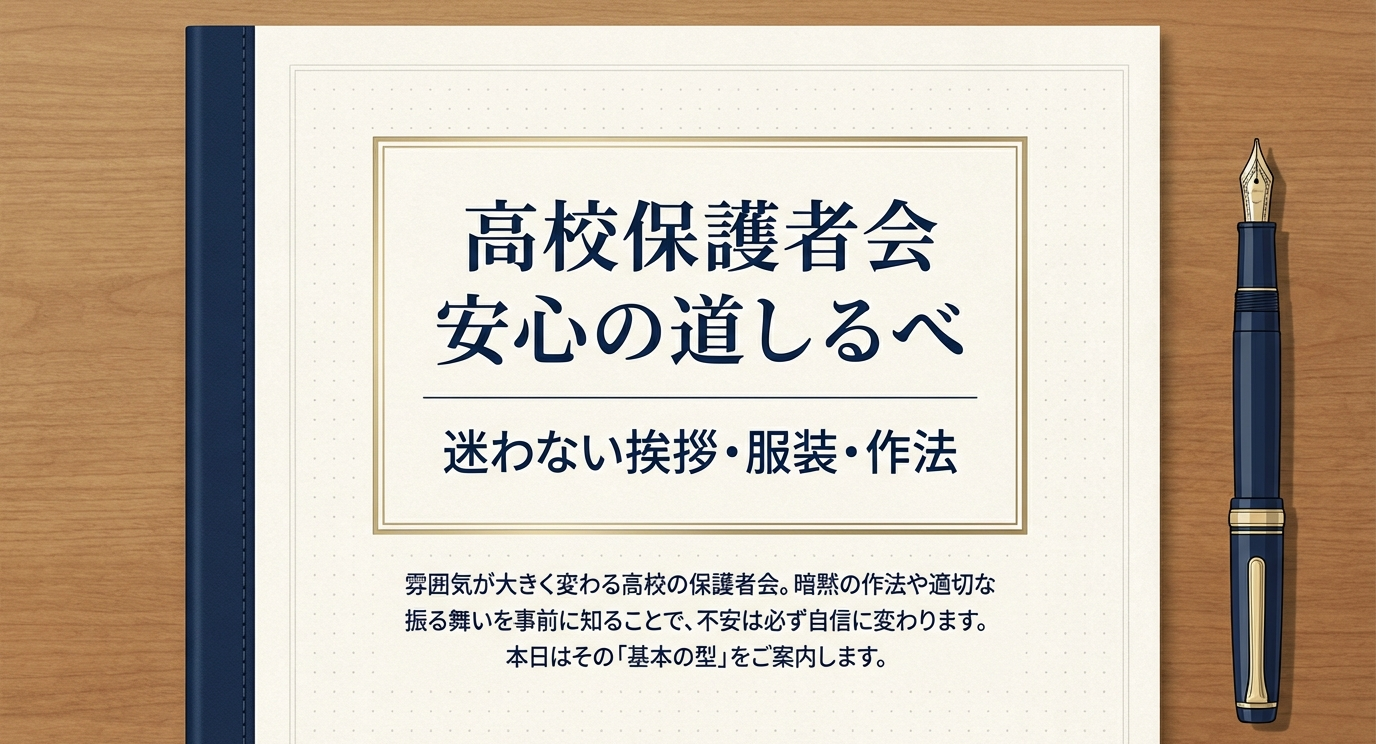 「高校保護者会 安心の道しるべ：迷わない挨拶・服装・作法」というタイトルの表紙画像