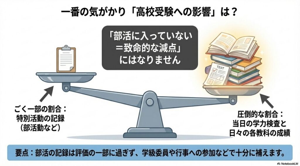 高校受験における特別活動の記録と当日の学力検査・各教科の成績の評価割合の比較