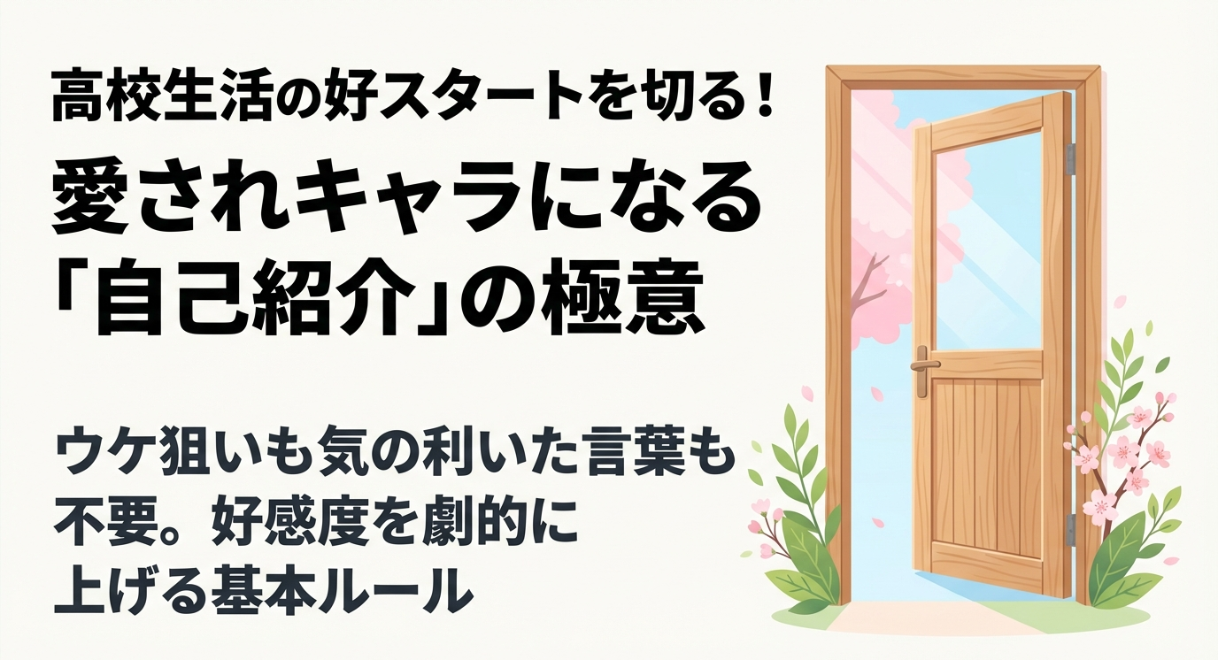 桜の花びらが舞う中、新生活への期待を感じさせる開いたドアのイラスト。タイトルは「高校生活の好スタートを切る！愛されキャラになる自己紹介の極意」