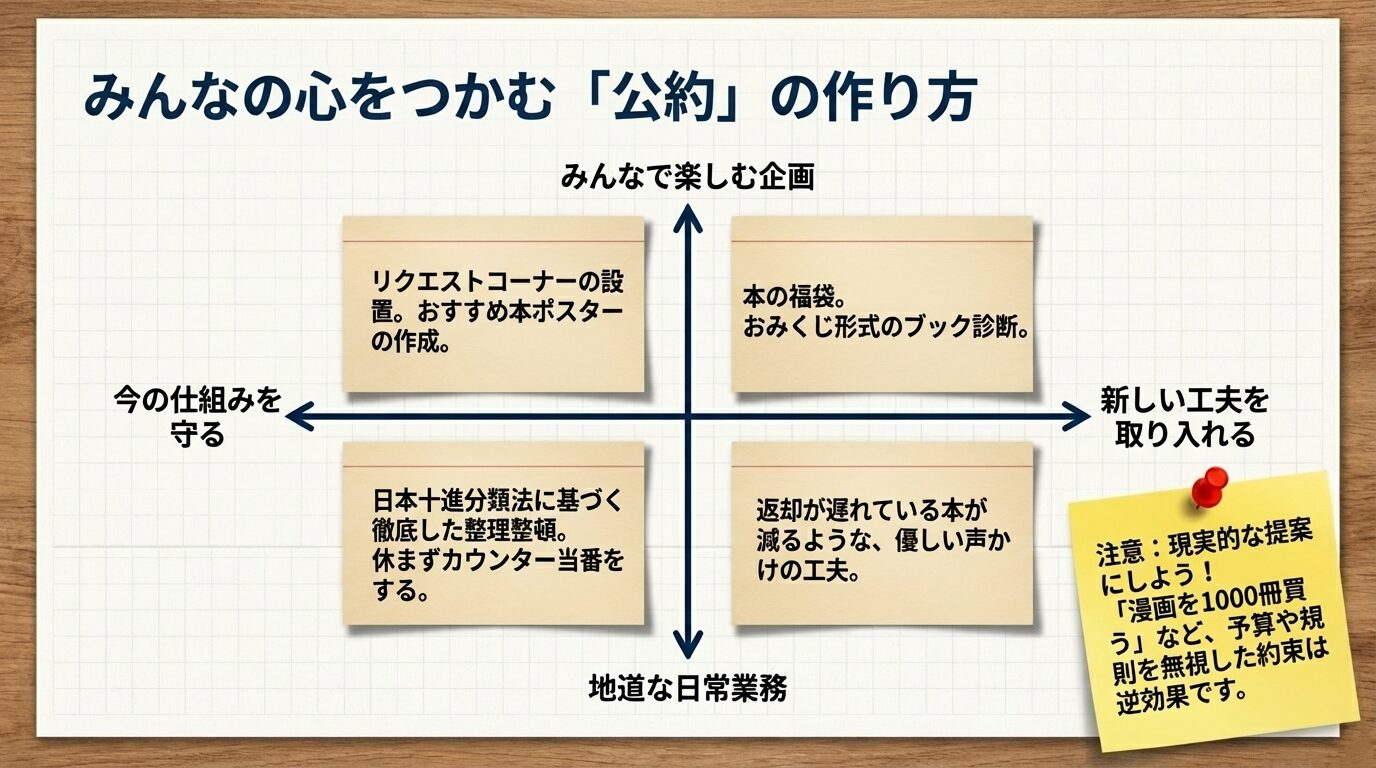 日常業務、今の仕組みの維持、新しい工夫、みんなで楽しむ企画の4つの観点から、公約の具体例（リクエストコーナーや本の福袋など）を紹介したスライド画像。