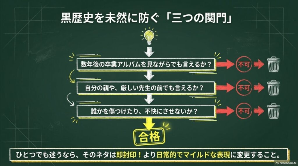 卒業アルバム、親や先生の前、他人を傷つけないかという、黒歴史を防ぐための3つのチェックポイント