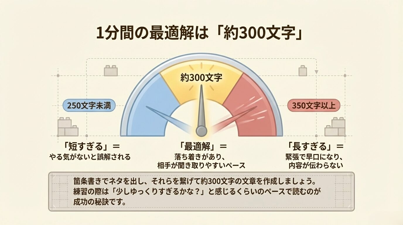 1分間のスピーチで、250文字未満は「短すぎる」、300文字が「最適解」、350文字以上は「長すぎる」ことを示すメーターの図解スライド。
