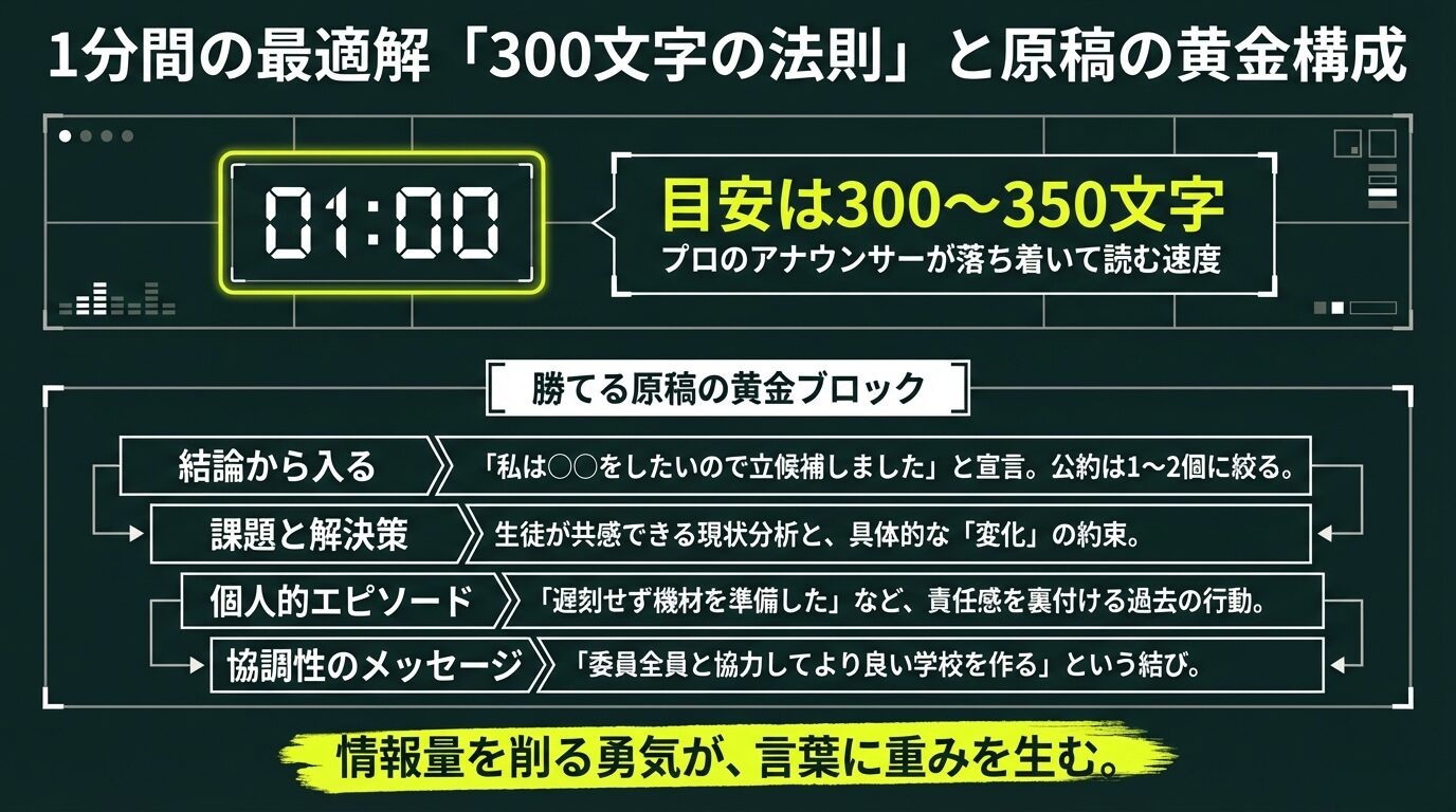 1分間の目安が300〜350文字であることの解説と、結論・課題・エピソード・結び（協調性）という「勝てる原稿の黄金ブロック」の流れを示した図解。