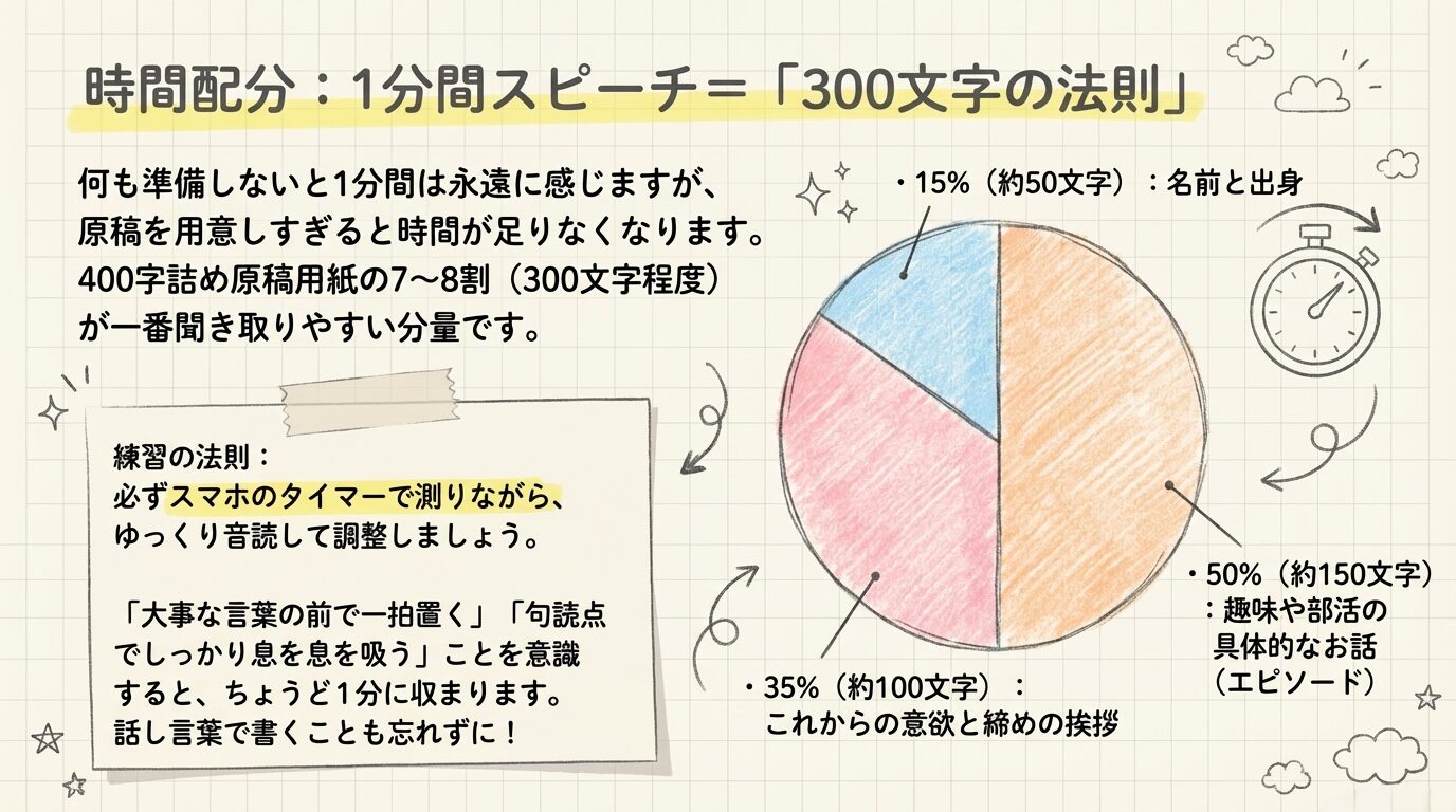 1分間で300文字を目安にする法則。名前・出身15％、趣味・部活50％、意欲・挨拶35％の理想的な配分と練習のポイント。