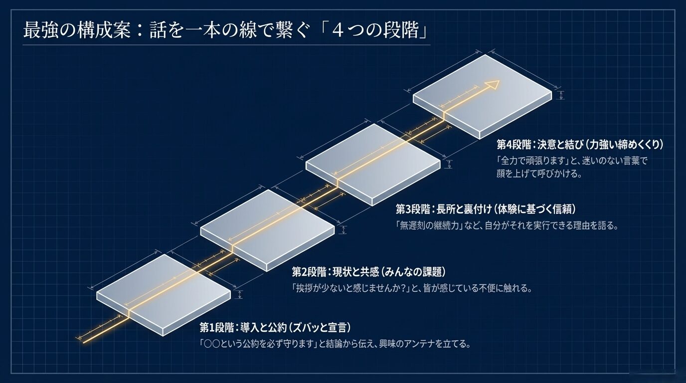 導入・公約、現状・共感、長所・裏付け、決意・結びの4段階が一本の線で繋がるスピーチ構成の図解。