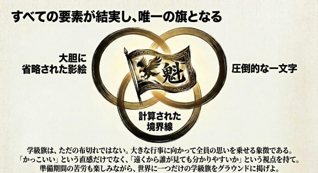 大胆に省略された影絵 、圧倒的な一文字 、計算された境界線がすべて組み合わさった完成形の学級旗イメージと 、準備期間の苦労も楽しみながら世界に一つだけの学級旗を掲げよという締めくくりのメッセージ