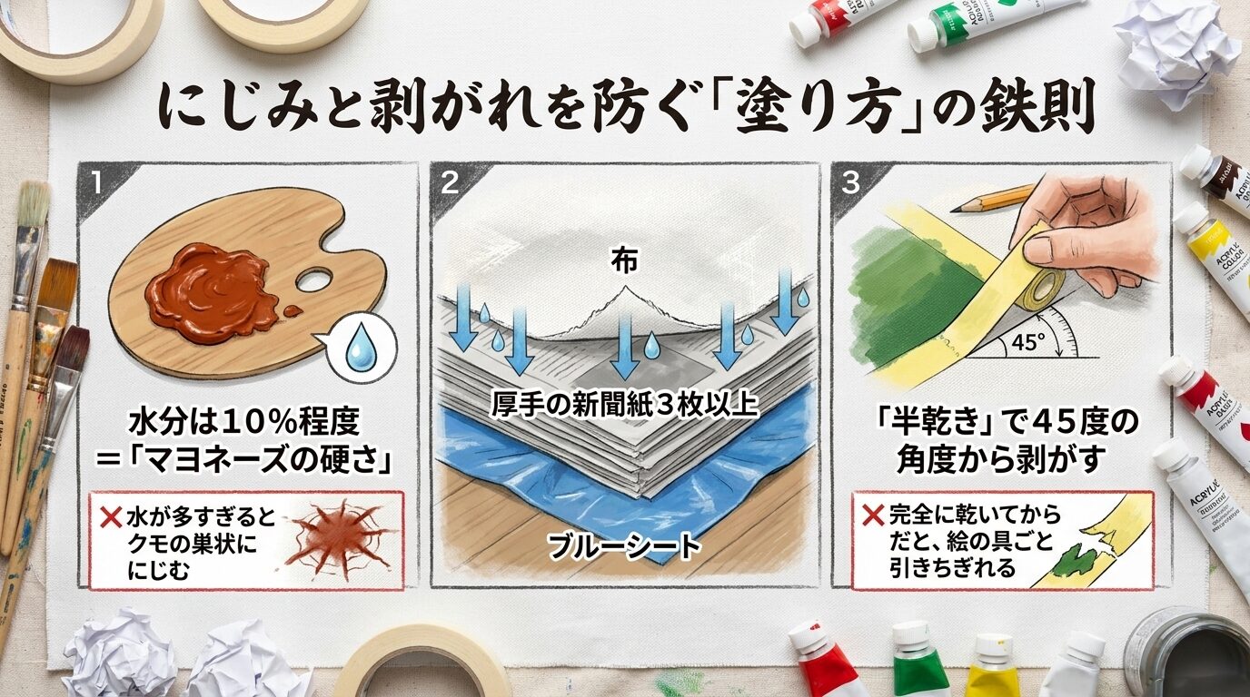 水分10％のマヨネーズの硬さで塗るコツ、布の下に新聞紙を敷く準備、半乾きの状態で45度の角度からテープを剥がす手順の図解