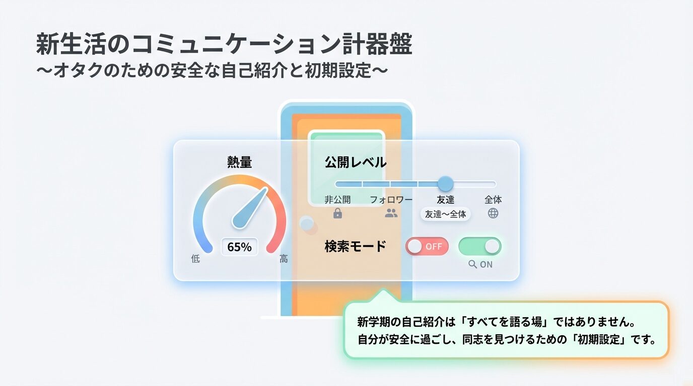 「熱量」「公開レベル」「検索モード」を調整するインストルメント・パネルのイラスト。自己紹介はすべてを語る場ではなく、安全に過ごすための「初期設定」であるというメッセージ。