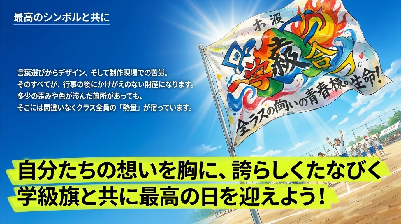 「最高のシンボルと共に」というメッセージを掲げ、多少の歪みや滲みもクラスの熱量の証であると締めくくるエンディングスライド 。