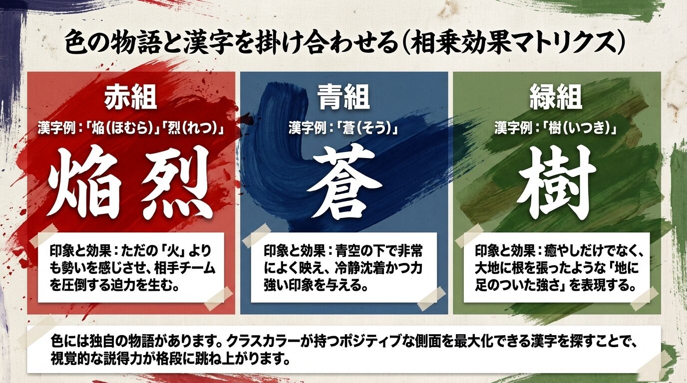 赤組（焔・烈）、青組（蒼）、緑組（樹）など、それぞれの色が持つ心理的効果を最大化する漢字とその印象をまとめたマトリクス表。