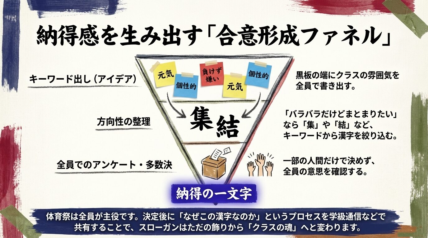 キーワード出し、方向性の整理、アンケート、納得の一文字という流れで、一部の人間だけで決めず全員の意思を確認する合意形成のプロセス図。