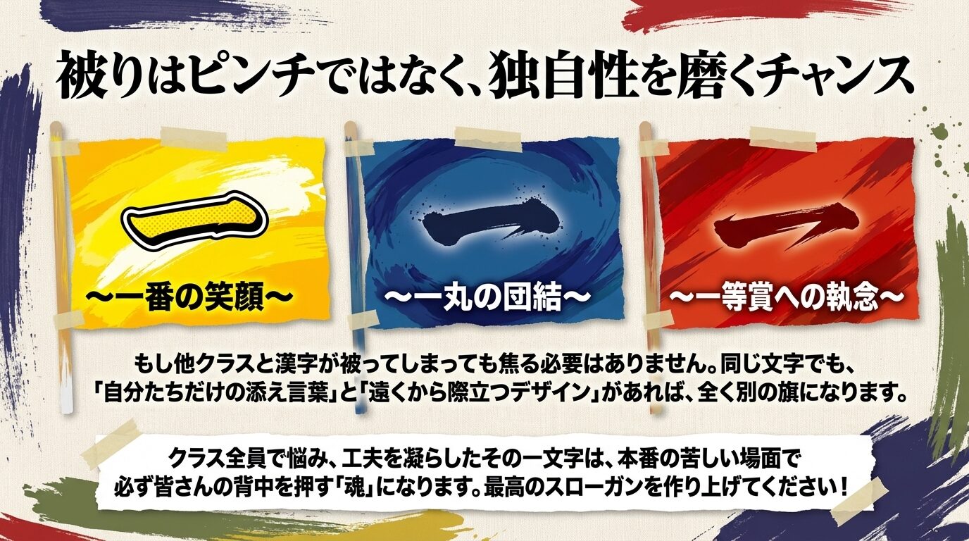 同じ漢字でも「一番の笑顔」「一丸の団結」など異なる添え言葉と独自の旗デザインを組み合わせることで、クラス独自の魂を表現できることを伝える励ましの図。