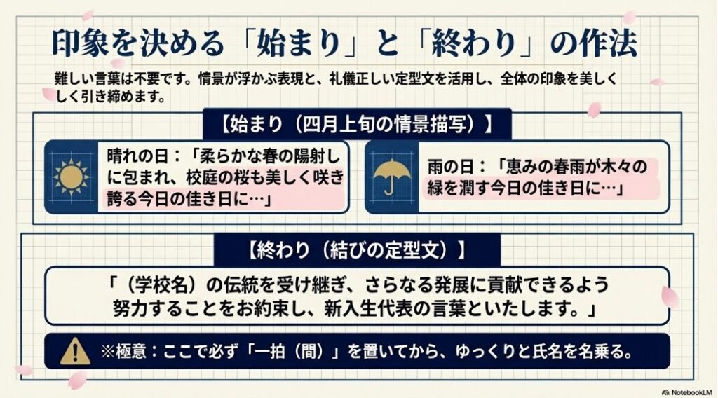 新入生代表挨拶の印象を決める始まり（4月上旬の情景描写）と終わり（結びの定型文）の作法