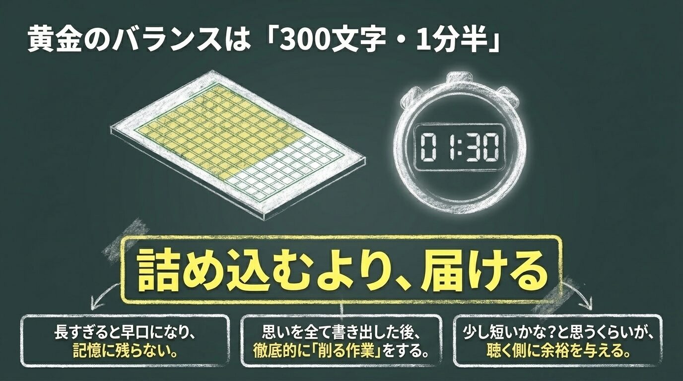 「01:30」のストップウォッチのイラストとともに、理想的なスピーチの分量は300文字・1分半であり、詰め込むよりも届けるために削る作業が重要であることを伝えるスライド。