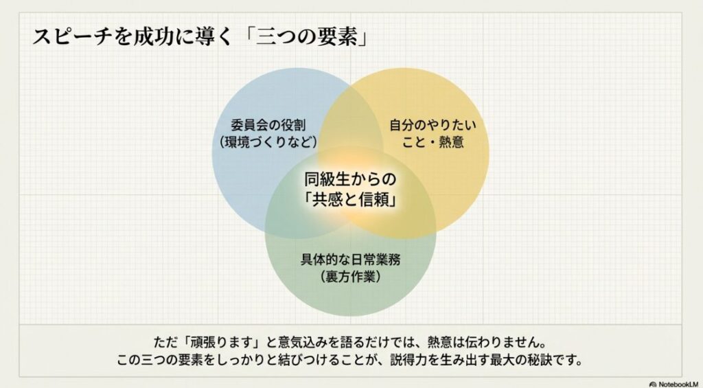 スピーチを成功に導く三つの要素。同級生からの共感と信頼を得るために、委員会の役割、自分の熱意、具体的な日常業務を結びつける図解。