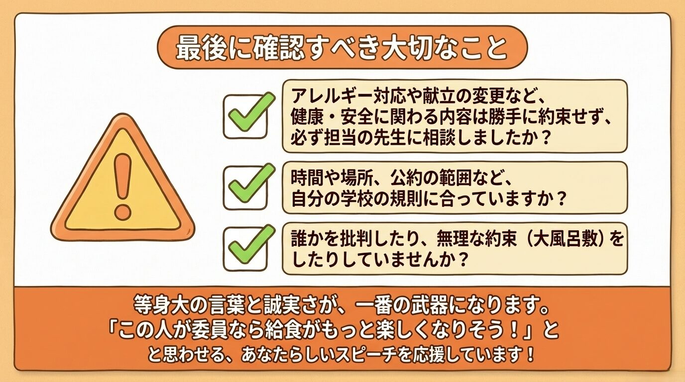 アレルギー対応への配慮、学校規則の遵守、誠実な言葉遣いなど、原稿が完成した後に確認すべき3つの重要ポイントをまとめたチェックリスト。