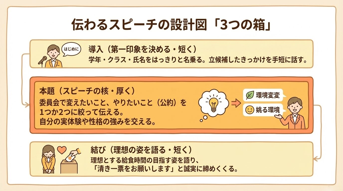 導入・本題・結びの「3つの箱」で構成されるスピーチの設計図。各パートで話すべき内容（名乗り、公約、ビジョン）が視覚的に説明されています。