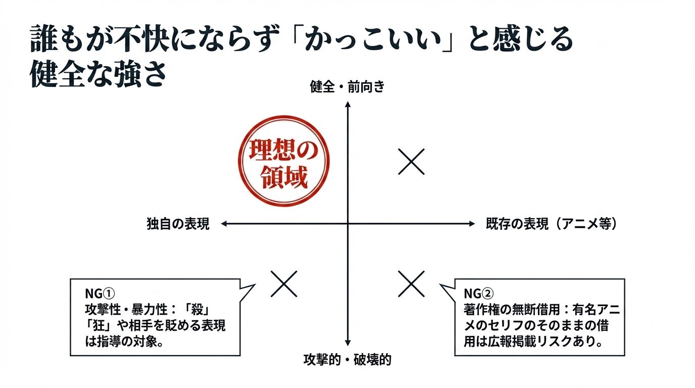 独自の表現かつ健全・前向きな「理想の領域」と、攻撃的・破壊的、あるいは著作権侵害となる「NG領域」を示した4象限グラフ。