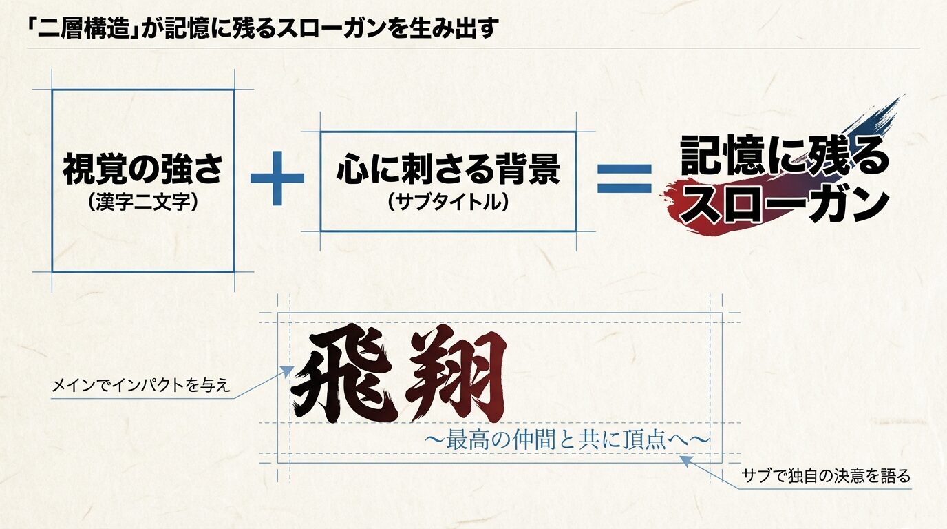 メインの漢字二文字で視覚的インパクトを与え、サブタイトルで独自の決意を語る「二層構造」の解説図。「飛翔 〜最高の仲間と共に頂点へ〜」という具体例が示されている。