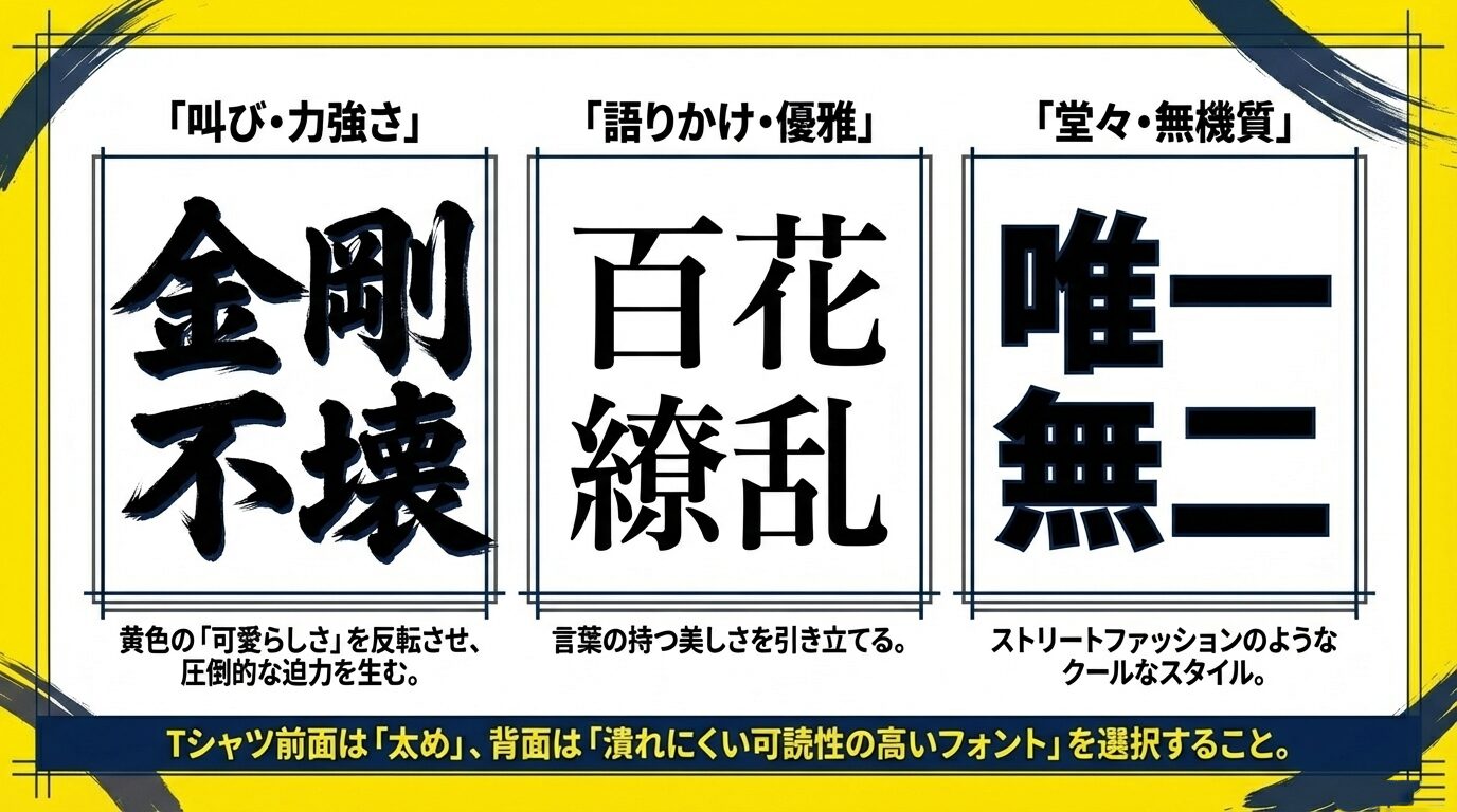 「力強さ」「優雅」「クール」など、言葉の意味に合わせた書体の選び方と、Tシャツの前面・背面でのフォント使い分けのポイント。