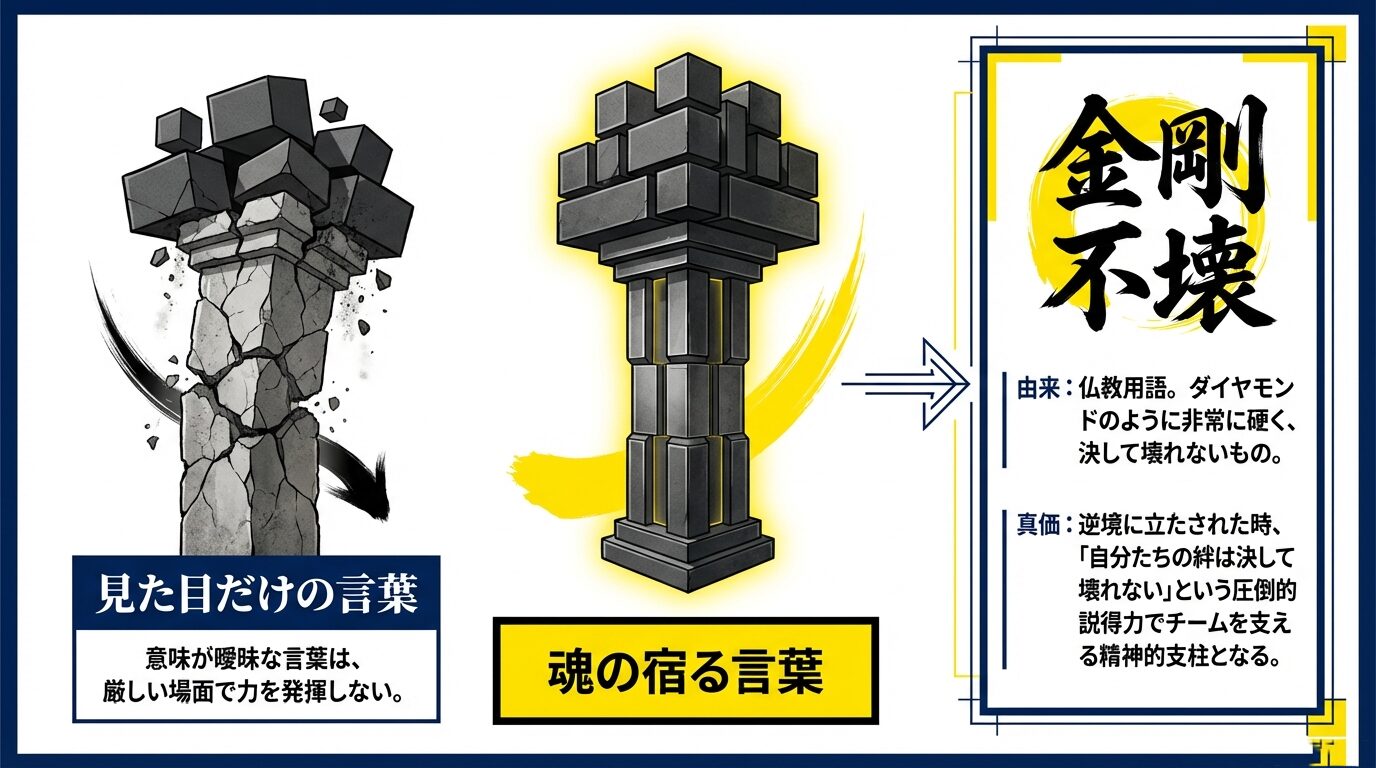 仏教用語「金剛不壊」の由来（ダイヤモンドのように硬い）と、逆境でチームを支える精神的支柱としての真価を解説するスライド。