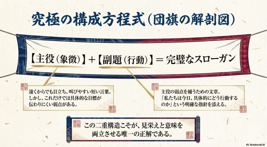 主役の短い言葉と副題となる行動宣言を組み合わせたスローガンの構成方程式