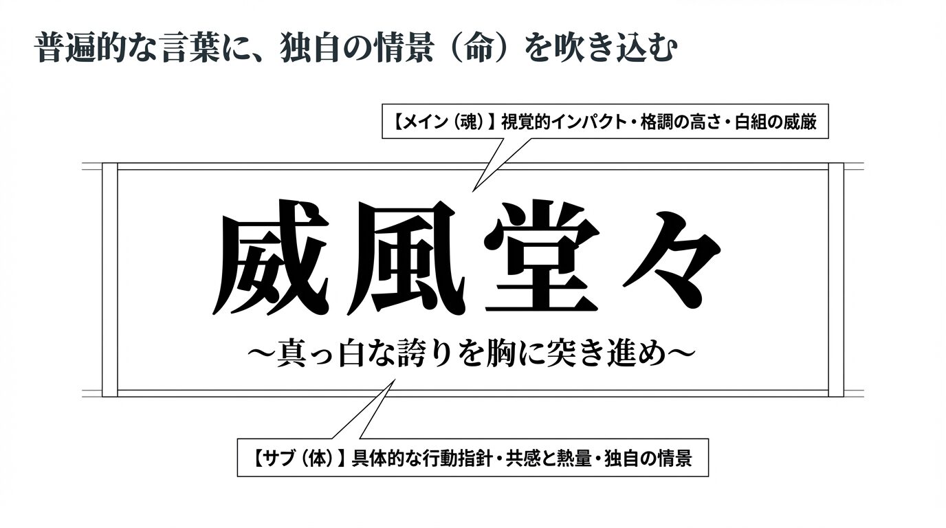 メインスローガン「威風堂々」とサブタイトル「〜真っ白な誇りを胸に突き進め〜」を組み合わせた横断幕のデザイン例。